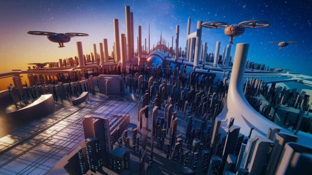 Ville futuriste avec drones